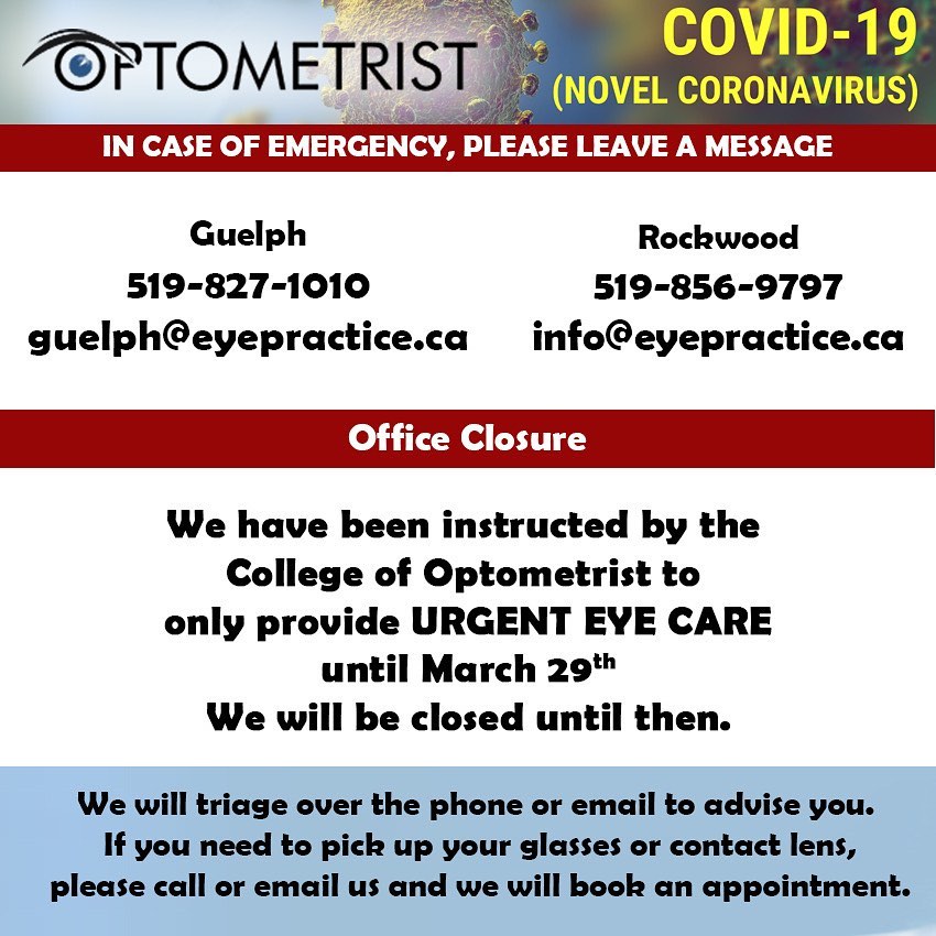 We have been instructed by the College of Optometrist to close all Optometry office and only provide urgent care. This is aimed at reducing the spread of COVID-19 and support the social distancing. If you have an ocular emergency please leave a voicemail at the office or send us an email. We will try and respond to you as soon as possible. Thank you for your understanding and lets do our part to flatten the curve. Dr. Parthipan & team #officeclosure #covid_19